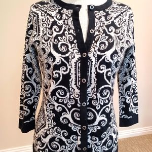 Isaac Mizrahi black & white jacquard crew neck, button down cardigan, Size XS